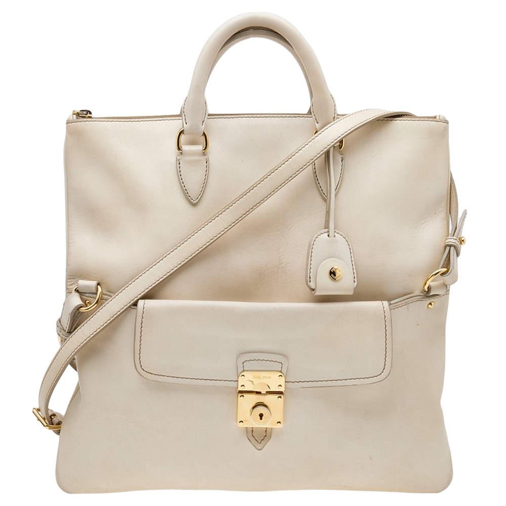 Beige Miu Miu Cream Leather Fold Over Shoulder Bag