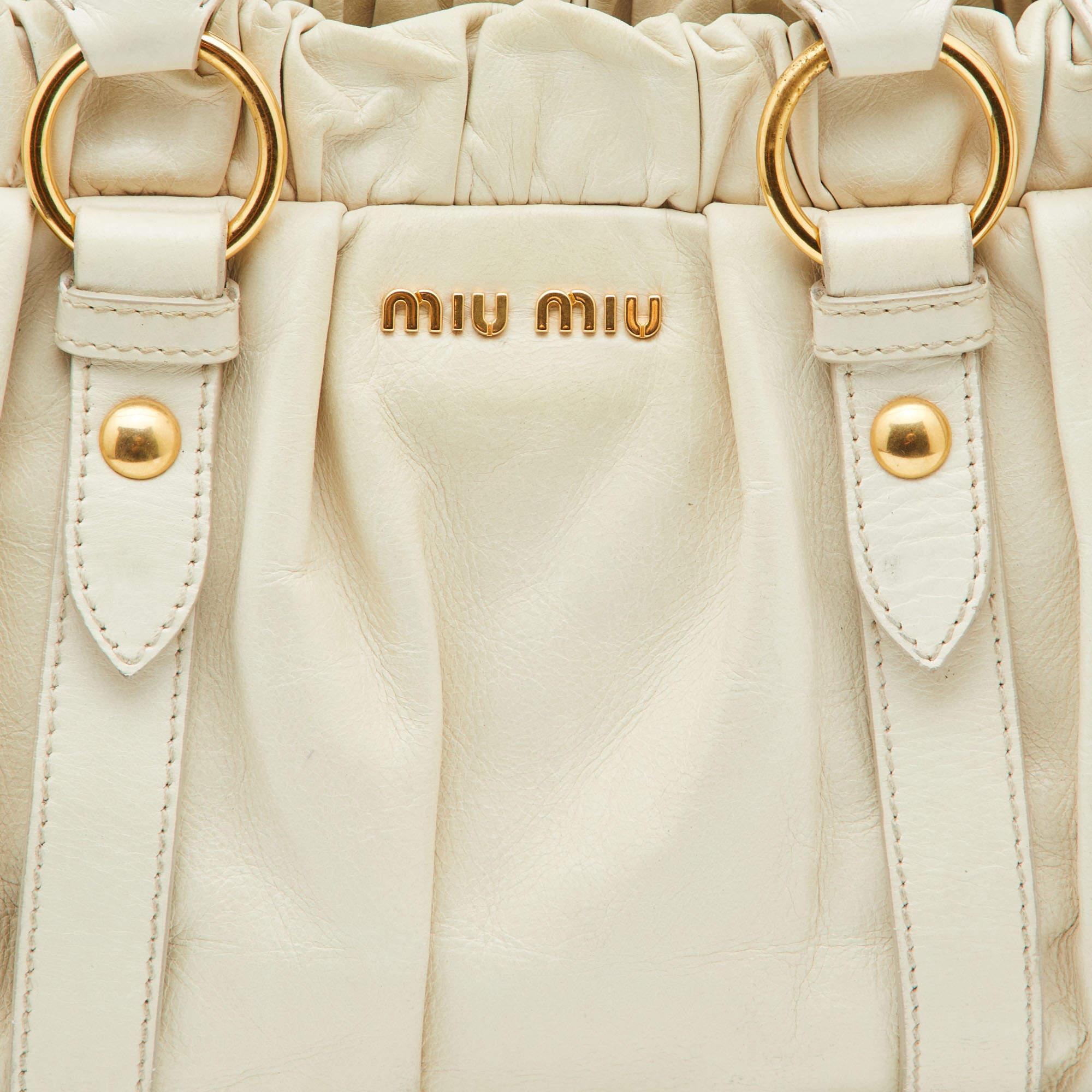 Miu Miu Cream Vitello Gathered Leather Tote 5