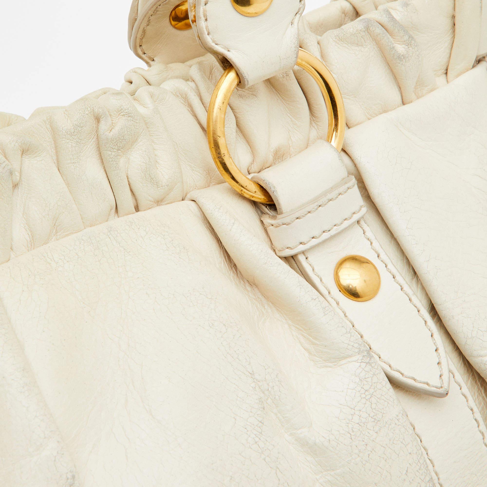 Miu Miu Cream Vitello Gathered Leather Tote 6