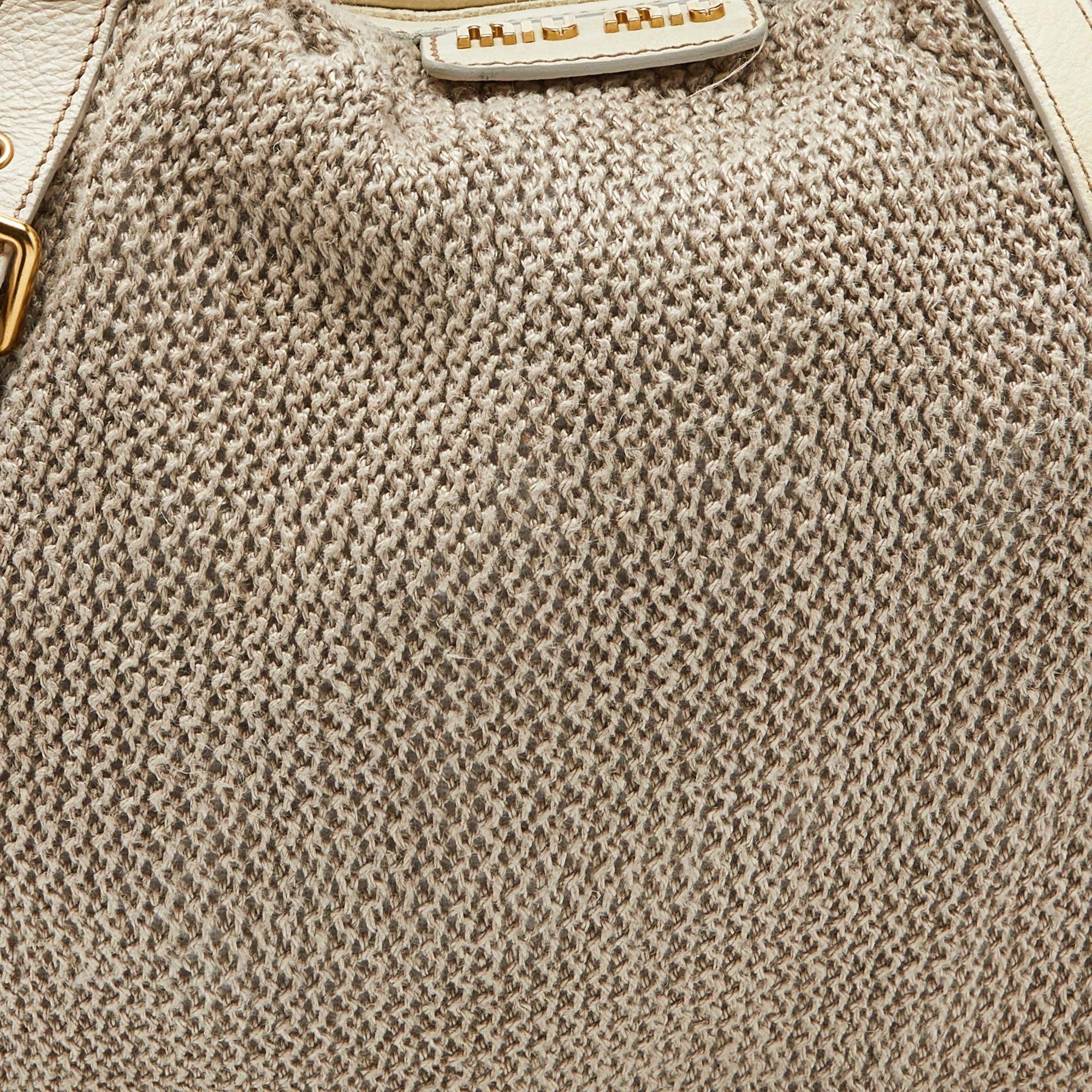 Miu Miu Cream Woven Fabric and Leather Satchel For Sale 6