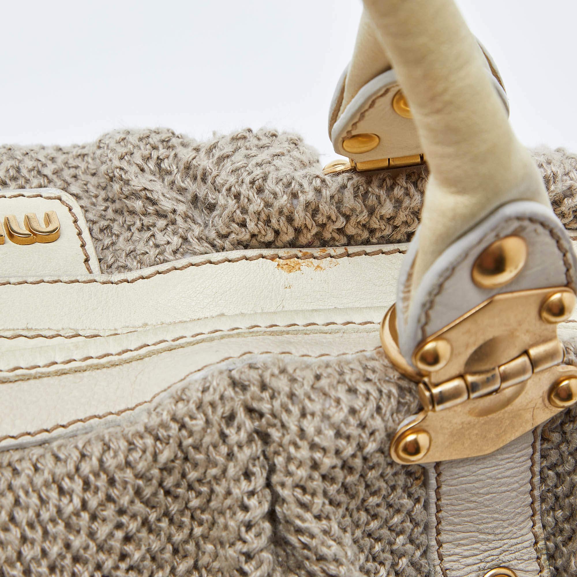 Miu Miu Cream Woven Fabric and Leather Satchel In Fair Condition In Dubai, Al Qouz 2