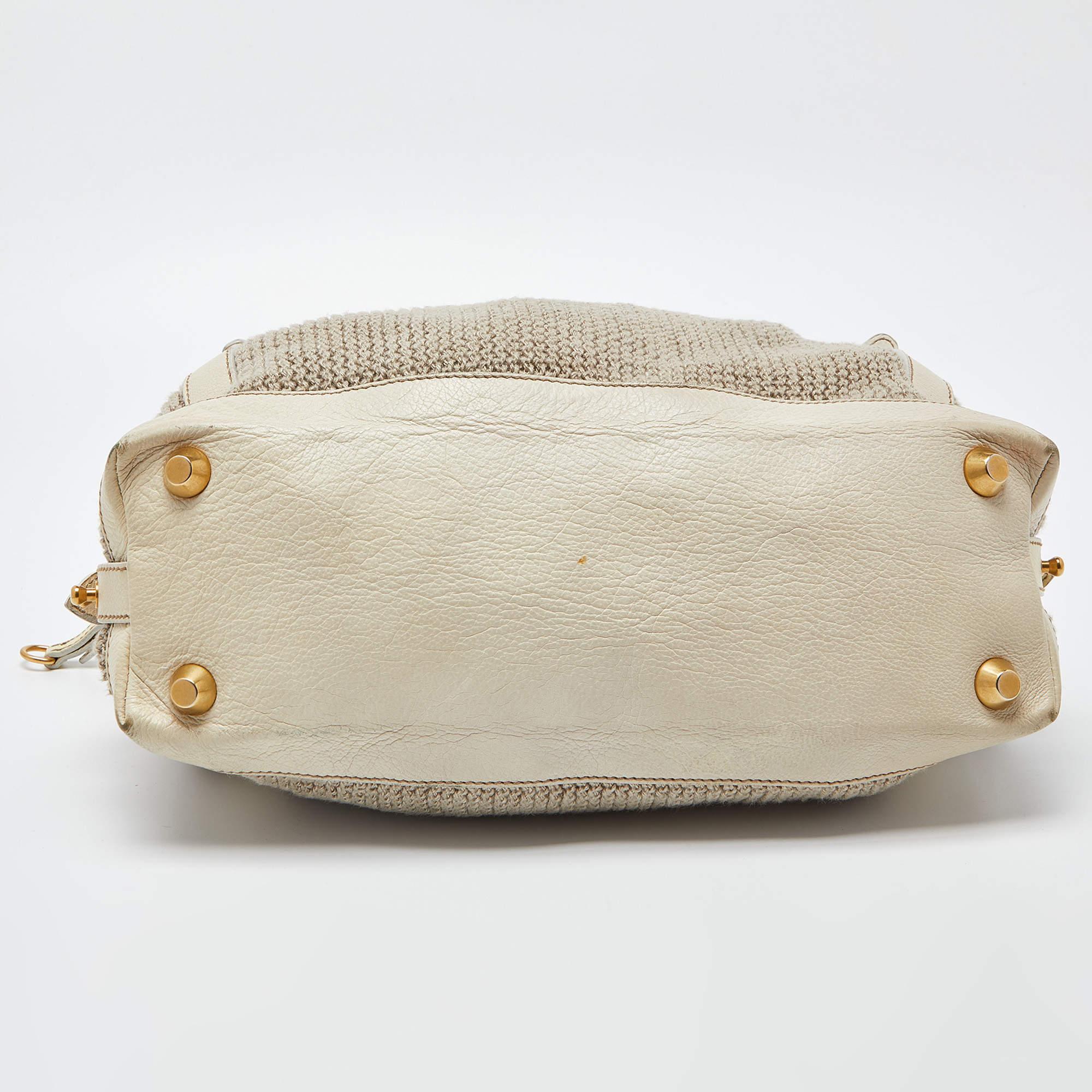 Miu Miu Cream Woven Fabric and Leather Satchel For Sale 2
