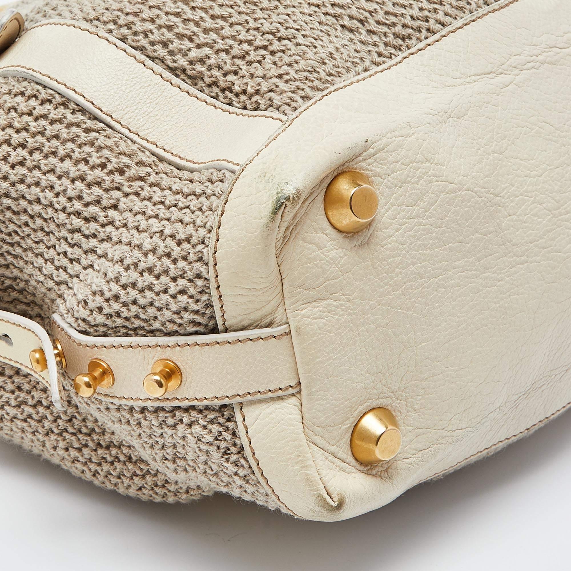 Miu Miu Cream Woven Fabric and Leather Satchel For Sale 3