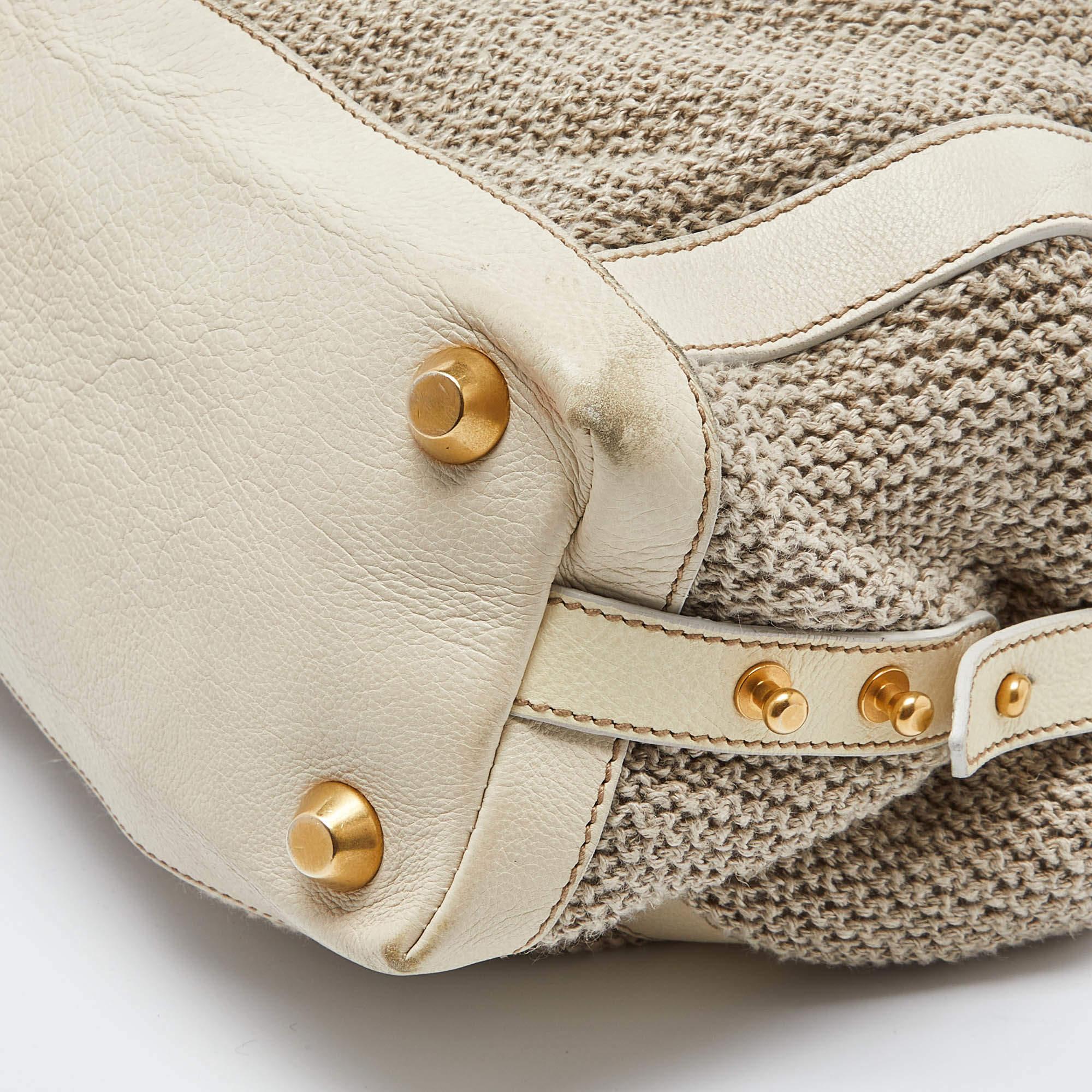 Miu Miu Cream Woven Fabric and Leather Satchel For Sale 4
