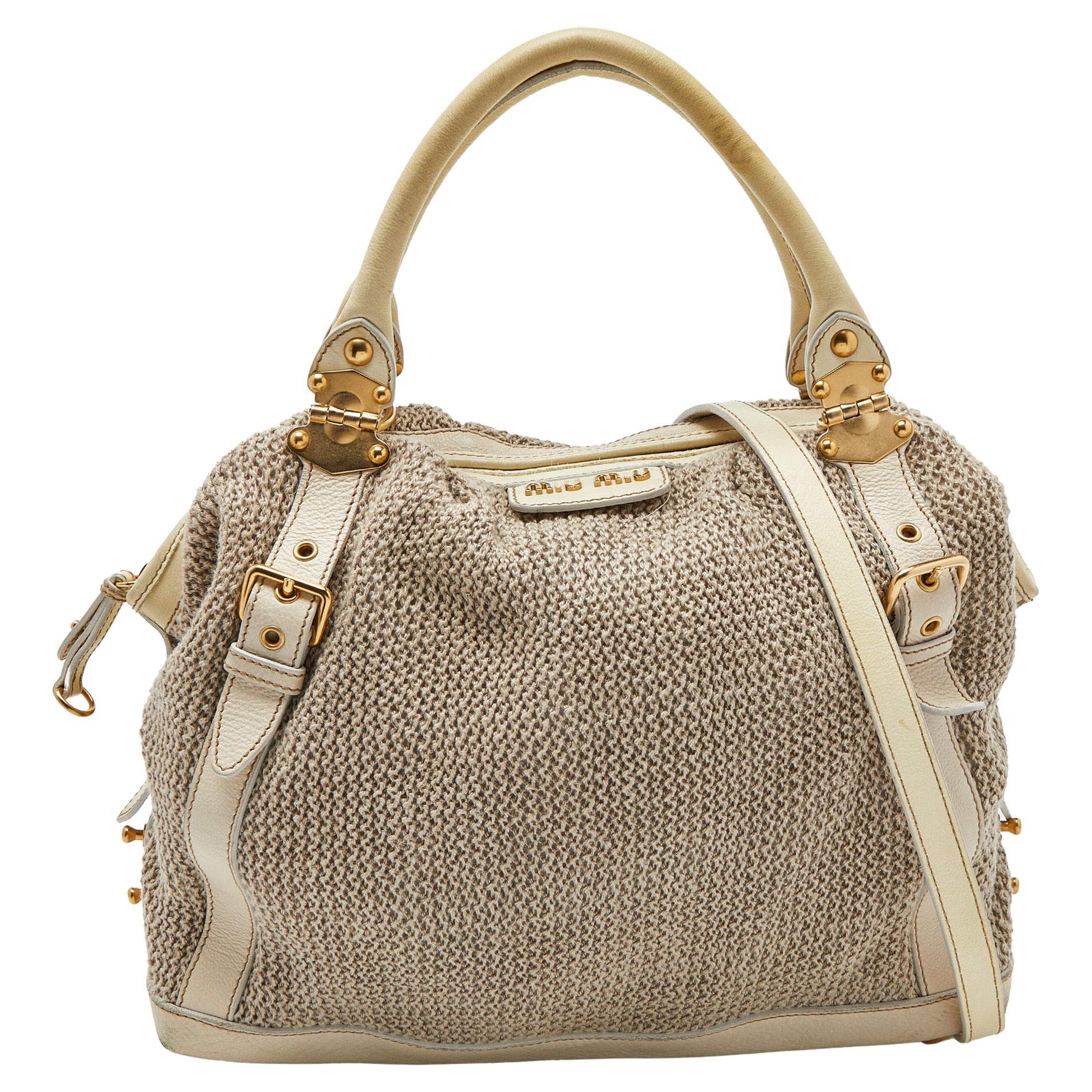 Miu Miu Cream Woven Fabric and Leather Satchel For Sale