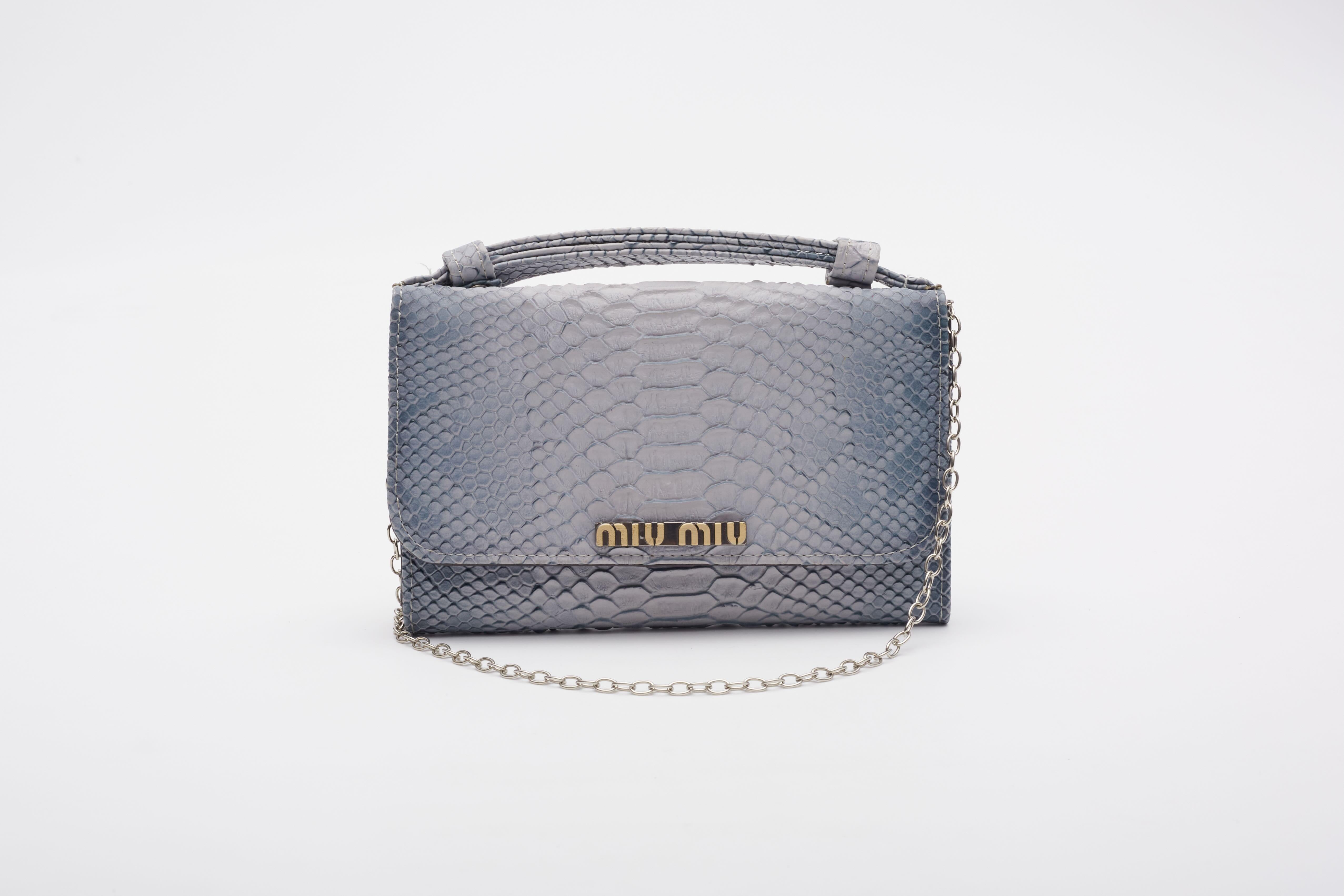 Gray Miu Miu Croc Embossed Blue Clutch Bag