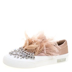 Miu Miu Crystal Embellished Satin With Marabou Feathers Slip On Sneakers Size 38