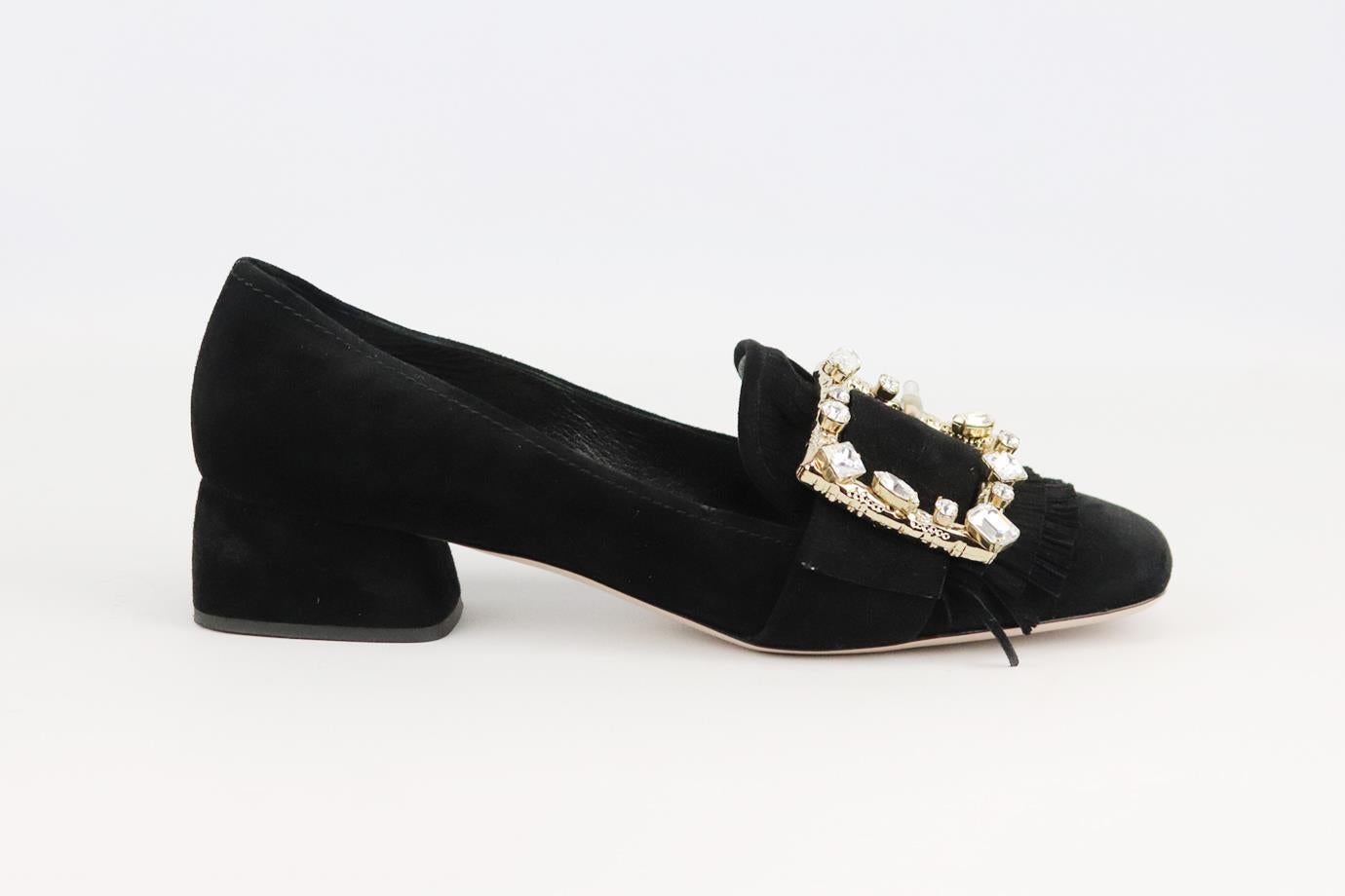 Miu Miu crystal embellished suede loafers. Black. Slips on. Does not come with box or dustbag. Size: EU 40 (UK 7, US 10). Insole: 10.5 in. Heel: 1.5 in
