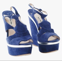 Miu Miu Cut-Out Wedge Platform Sandals In Blue Suede - '10s