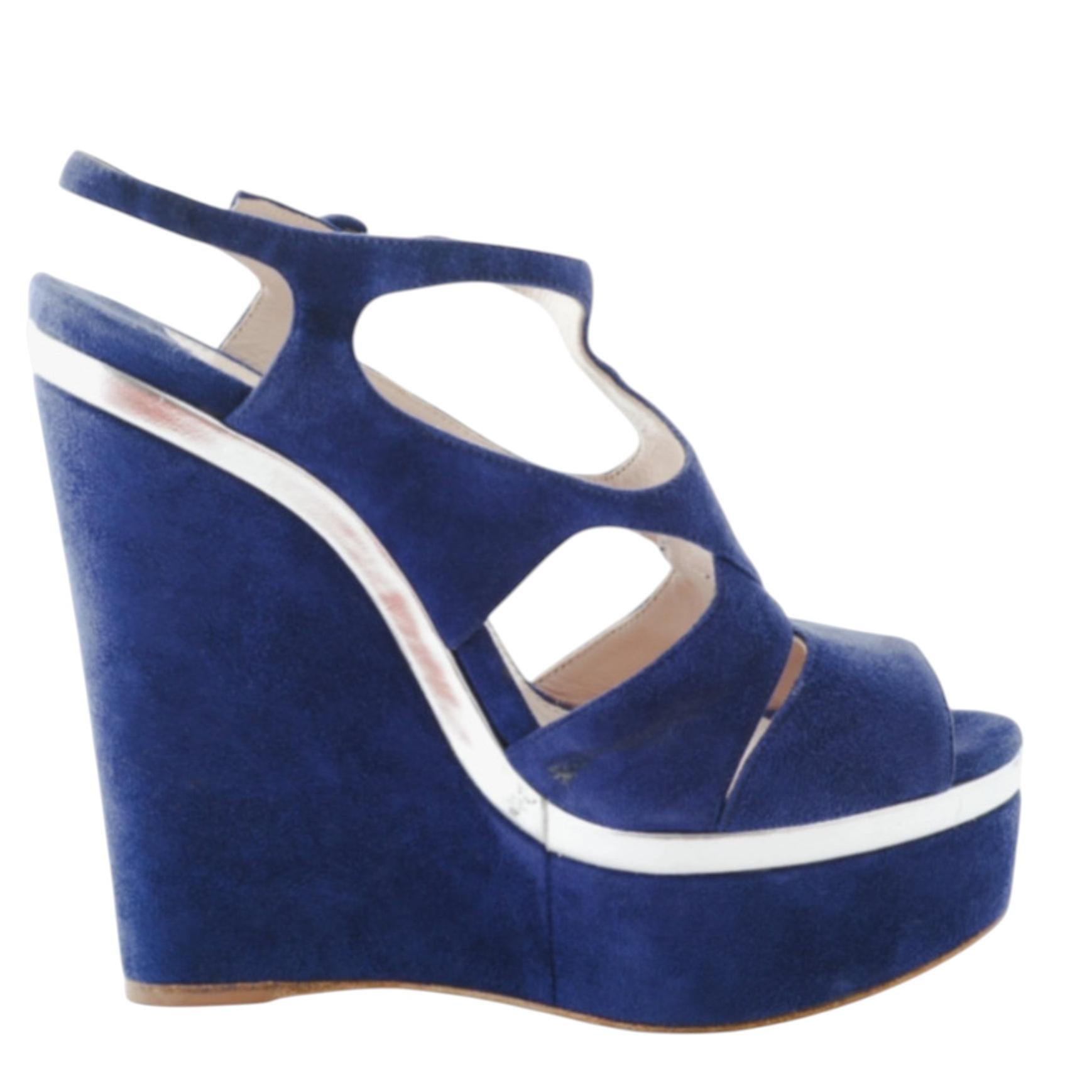 Miu Miu Cut-Out Wedge Platform Sandals In Blue Suede - '10s