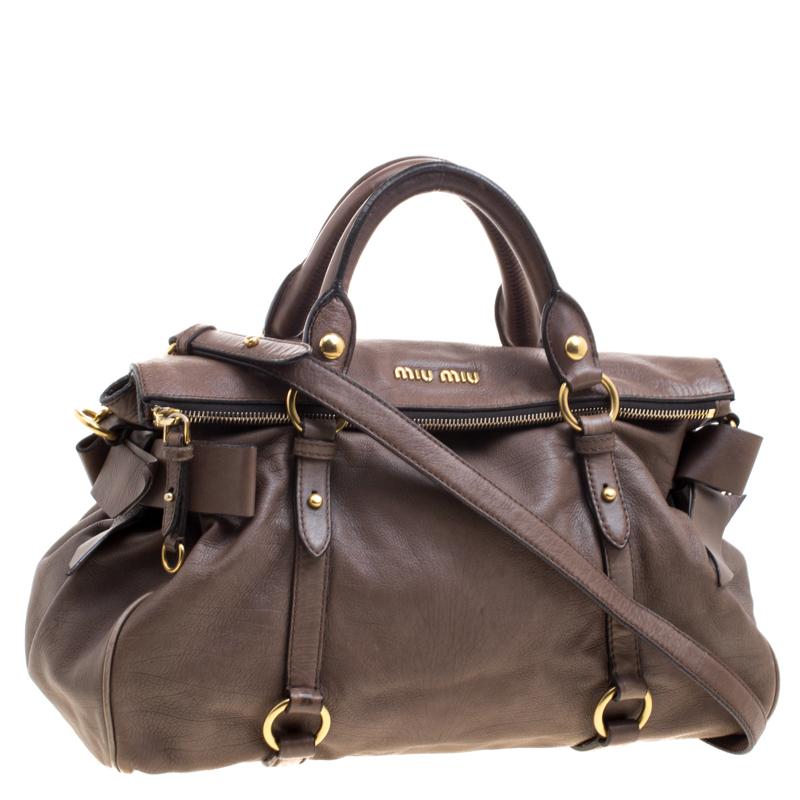 Black Miu Miu Dark Beige Leather Bow Top Handle Bag
