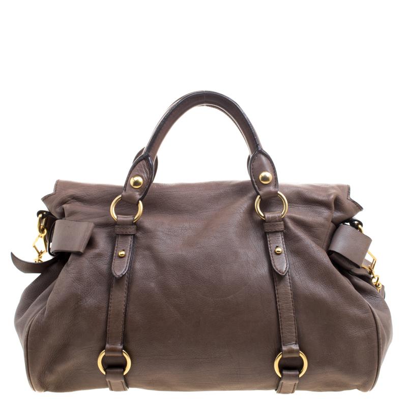 Miu Miu Dark Beige Leather Bow Top Handle Bag In Good Condition In Dubai, Al Qouz 2