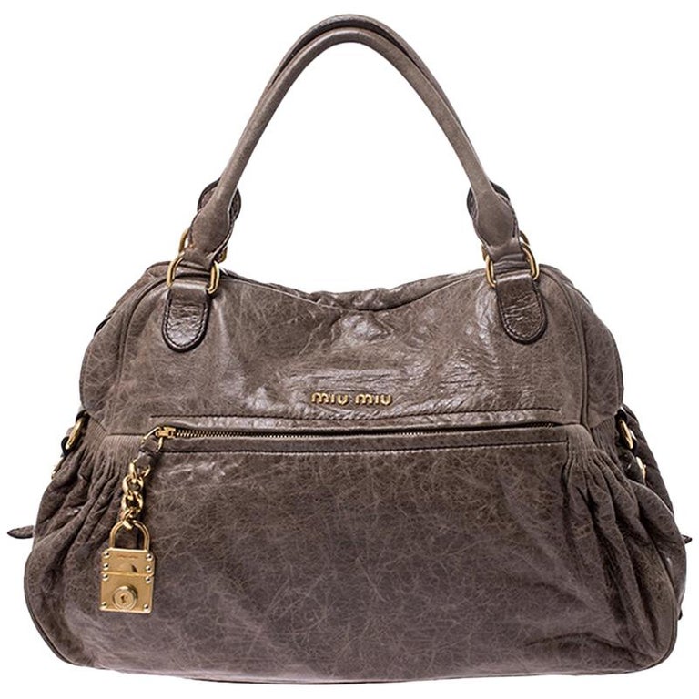 Miu Miu Dark Beige Leather Lily Distressed Satchel For Sale at 1stdibs