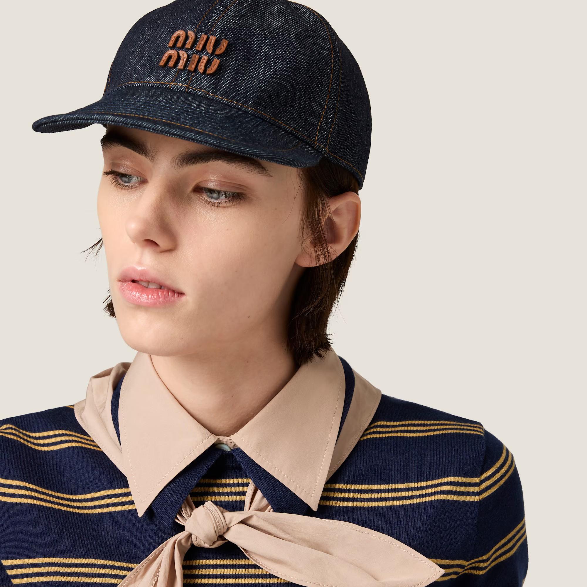 MIU MIU Cappello in cotone blu scuro DENIM LOGO BASEBALL CAP S in vendita 3