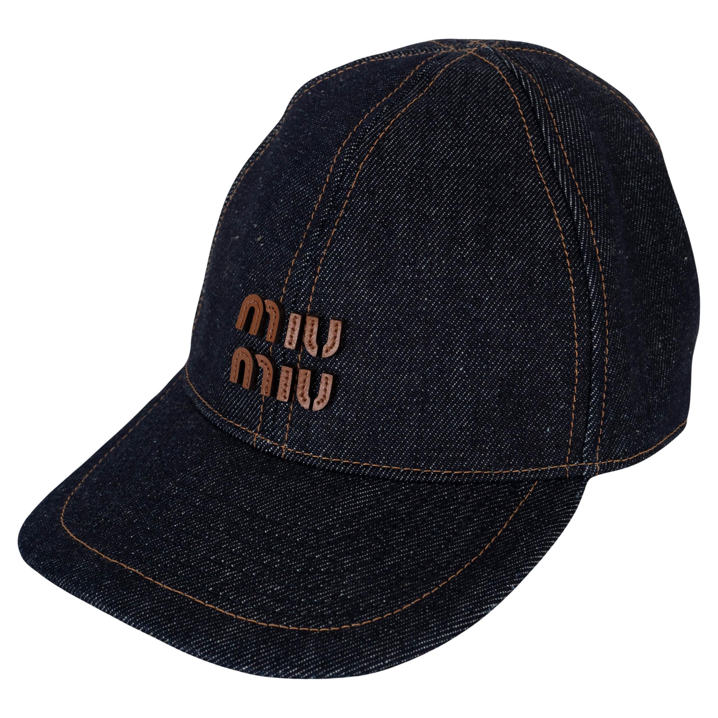MIU MIU Cappello in cotone blu scuro DENIM LOGO BASEBALL CAP S