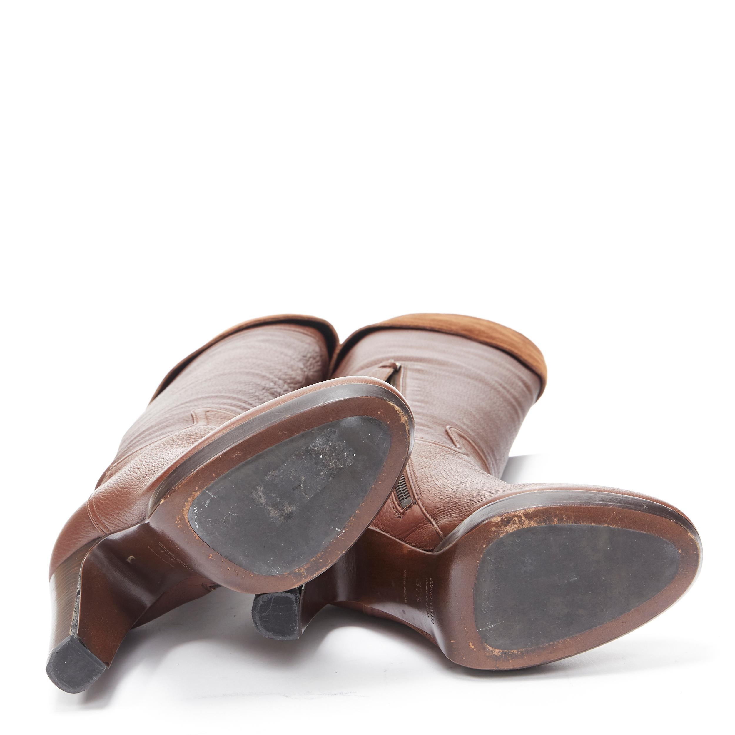 Brown MIU MIU dark brown leather suede foldover wooden heel platofrm tall boot EU37.5
