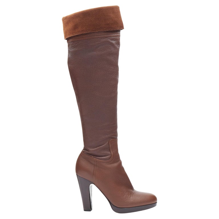 MIU MIU dark brown leather suede foldover wooden heel platofrm tall