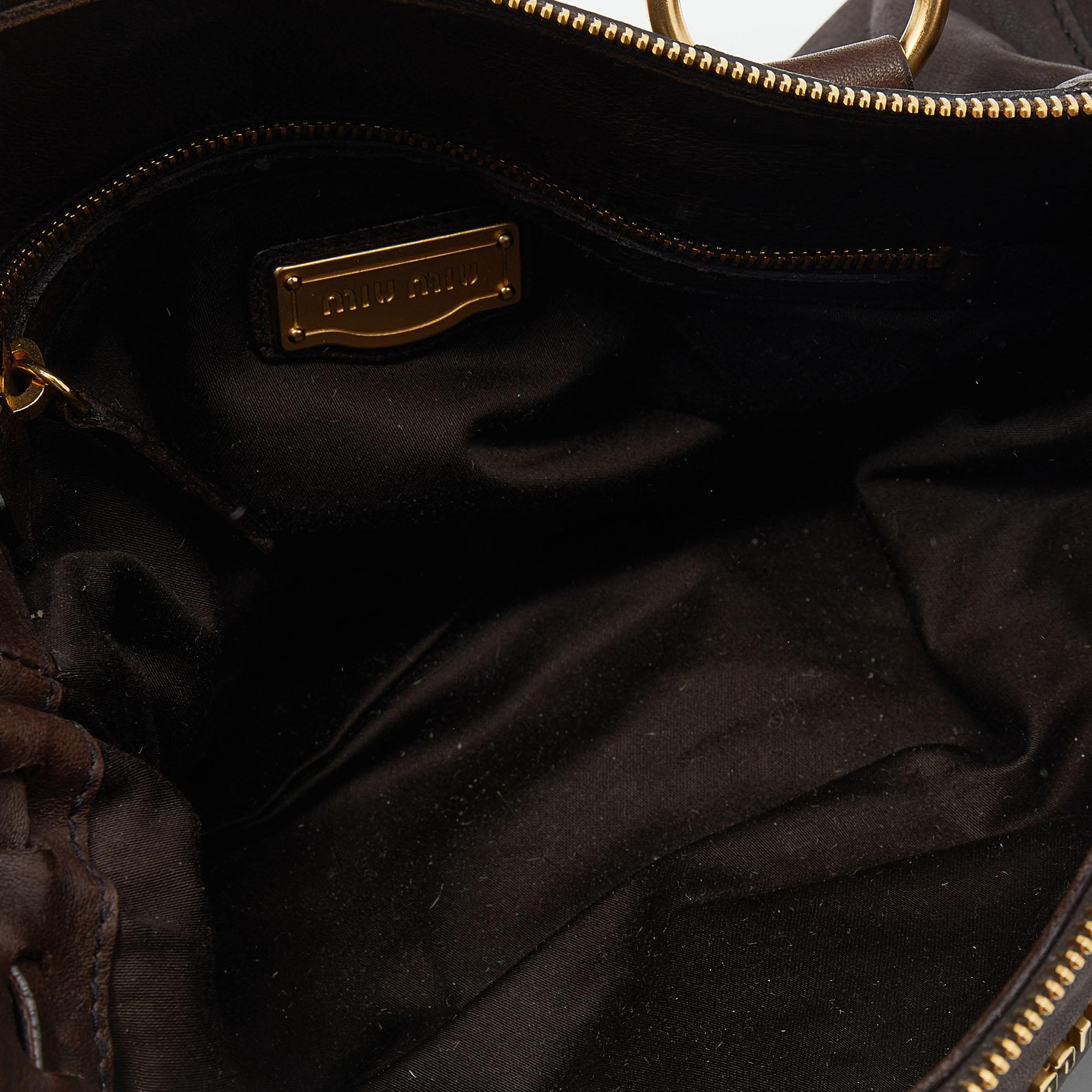 Black Miu Miu Dark Brown Vitello Lux Leather Bow Tote
