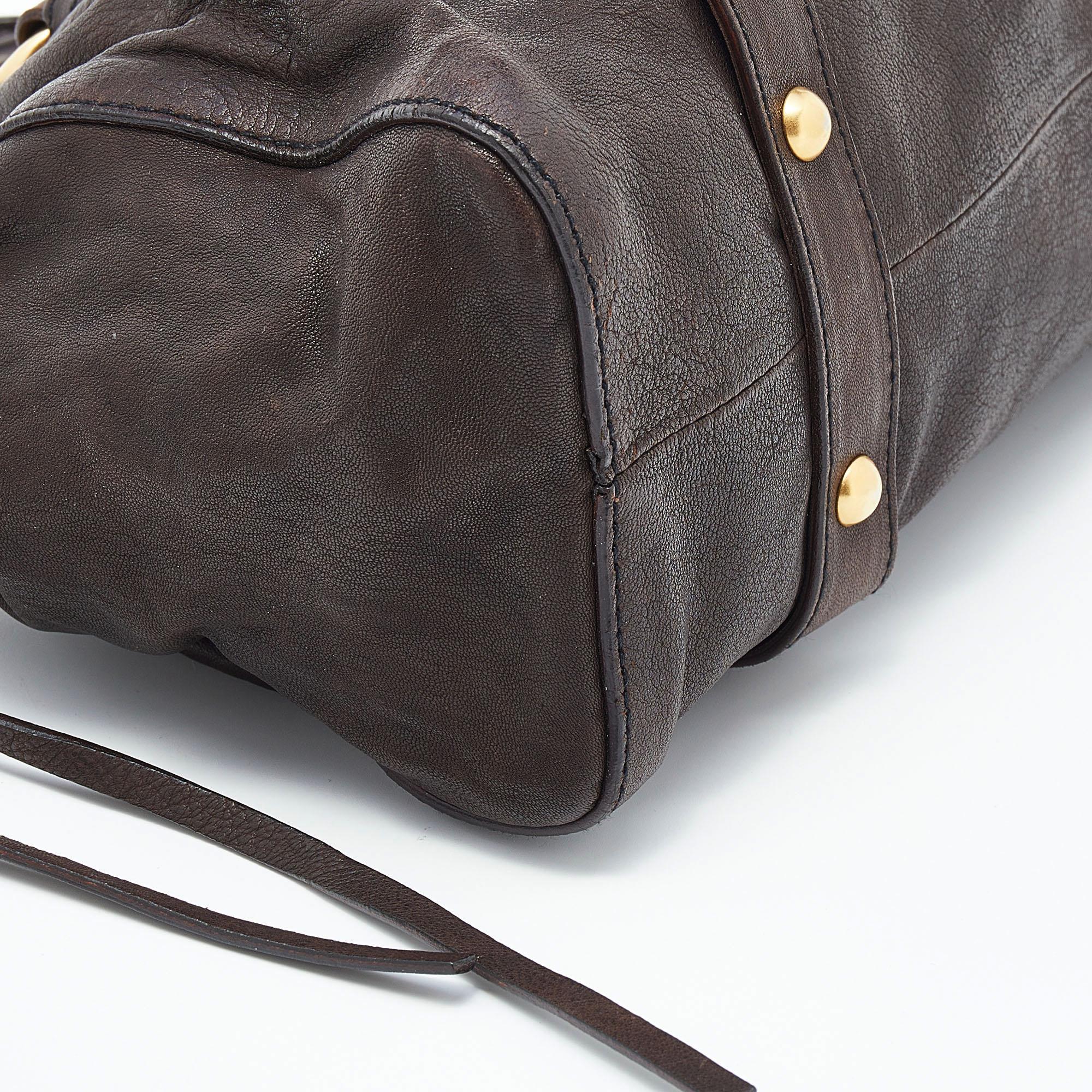 Women's Miu Miu Dark Brown Vitello Lux Leather Bow Tote