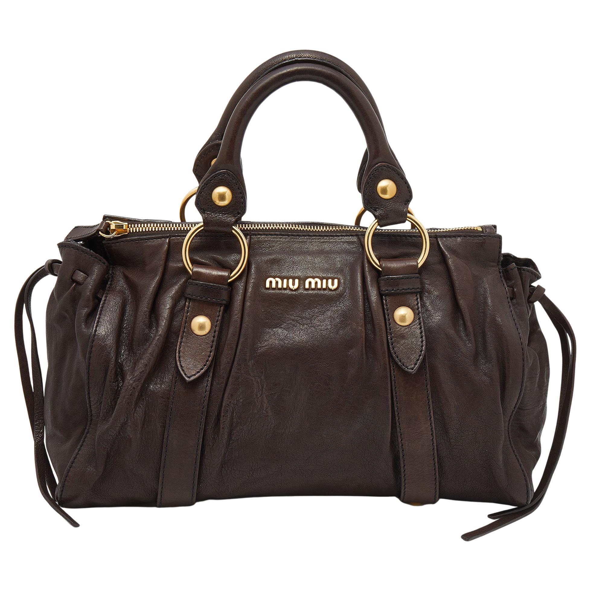Authentic Miu Miu Brown Leather Shoulder Tote Bag