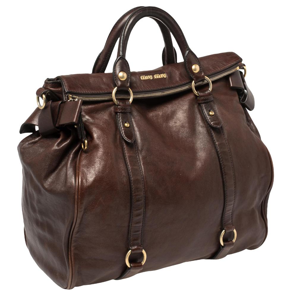 Miu Miu Dark Brown Vitello Lux Leather Side Bow Tote In Good Condition In Dubai, Al Qouz 2
