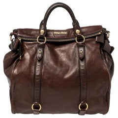 Miu Miu Dark Brown Vitello Lux Leather Side Bow Tote