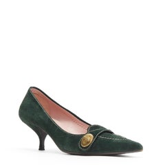 MIU MIU dark green suede leather turn lock detail point toe kitten heel EU37