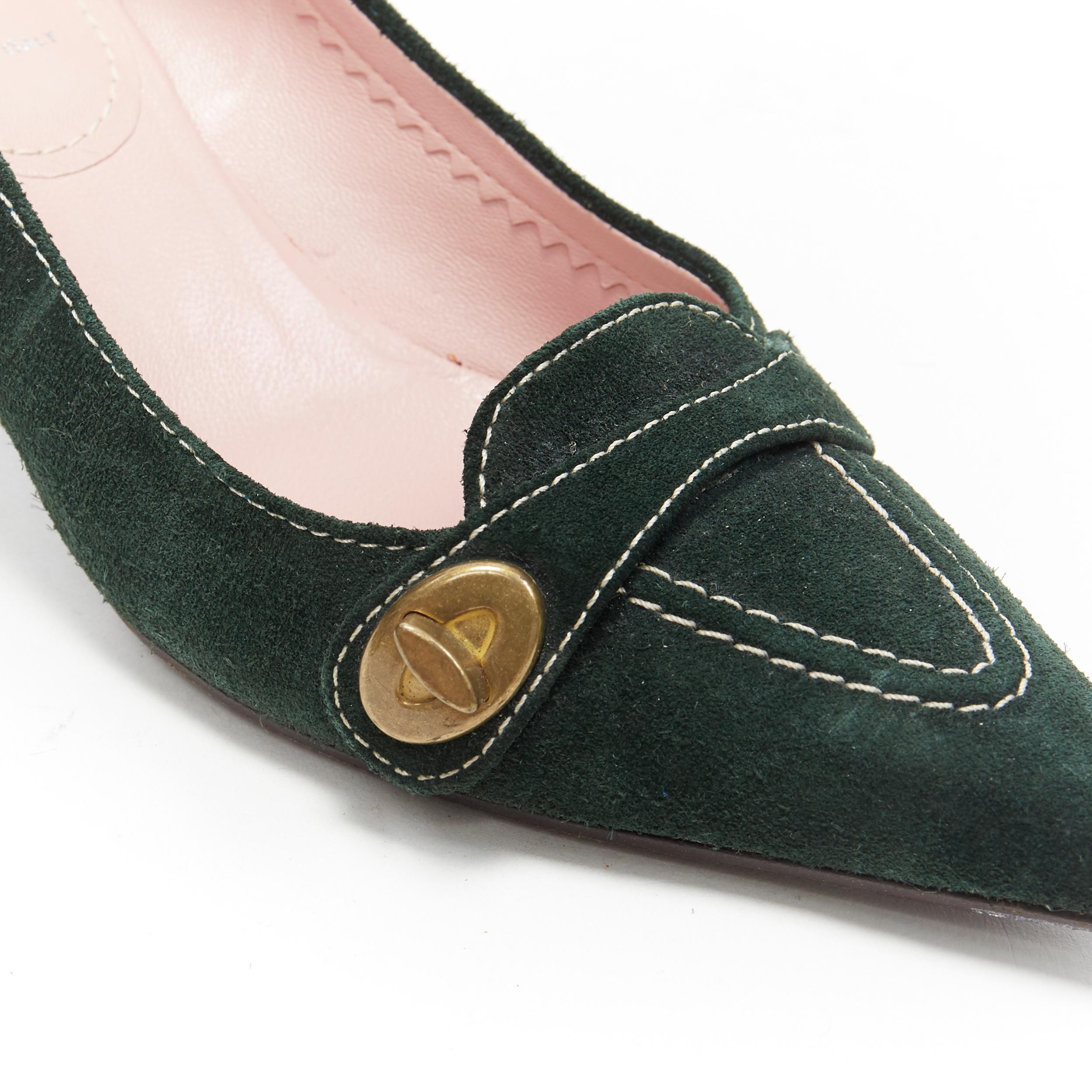 Women's MIU MIU dark green suede leather turn lock detail point toe kitten heel EU37
