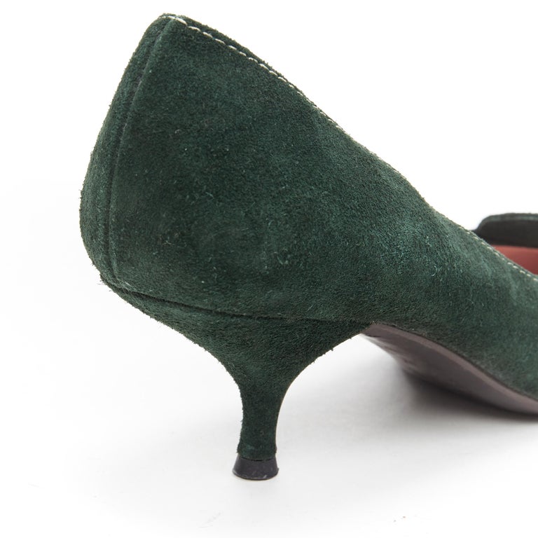 MIU dark green suede leather turn detail point toe kitten heel EU37 For at 1stDibs | green kitten heels