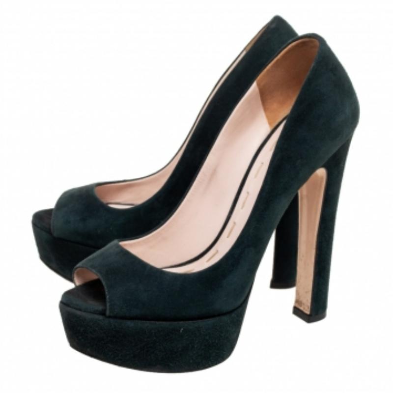 Miu Miu Dark Green Suede Peep Toe Platform Pumps Size 36 For Sale 2