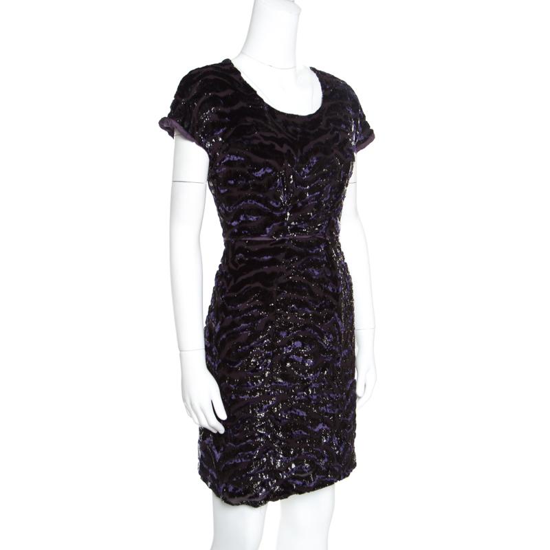 Miu Miu Dark Purple Metallic Animal Pattern Velvet Burnout Sheath Dress L (Schwarz)