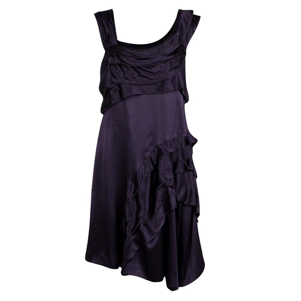 Miu Miu Deep Purple Silk Ruffle Detail Sleeveless Dress M
