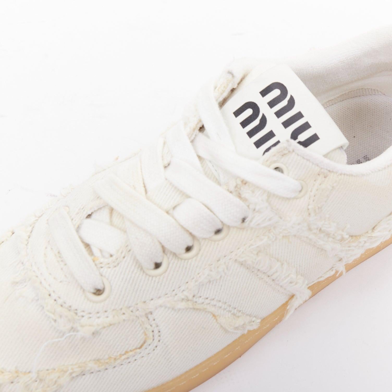 MIU MIU Denim beige crudo corte deshilachado lona zapatillas skate EU37 en venta 2
