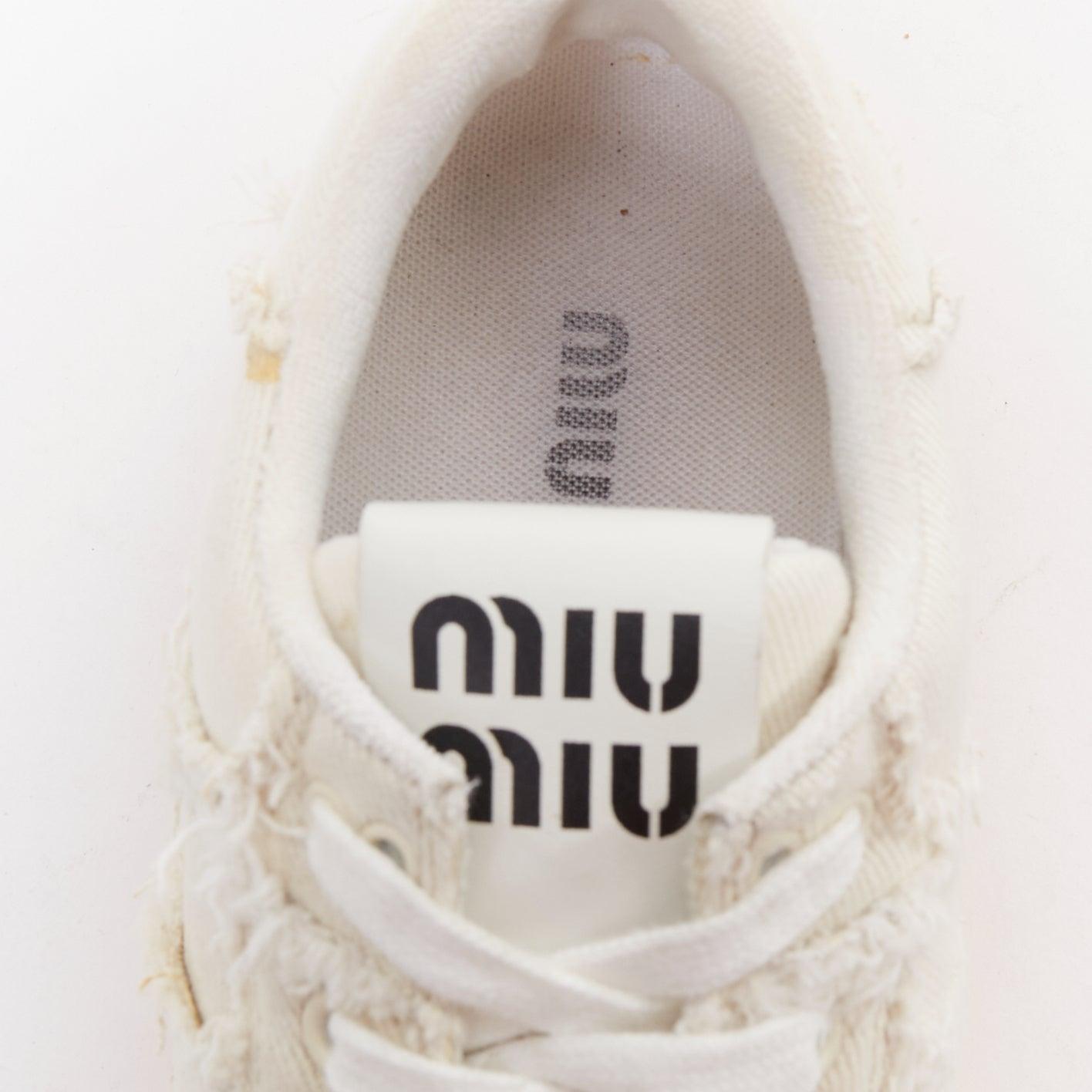 MIU MIU Denim beige crudo corte deshilachado lona zapatillas skate EU37 en venta 4