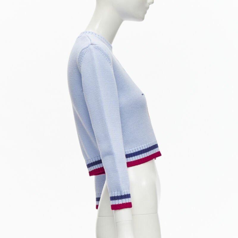 MIU MIU DISNEY Mickey Mouse powder blue red cropped sweater IT38 XS In Excellent Condition For Sale In Hong Kong, NT