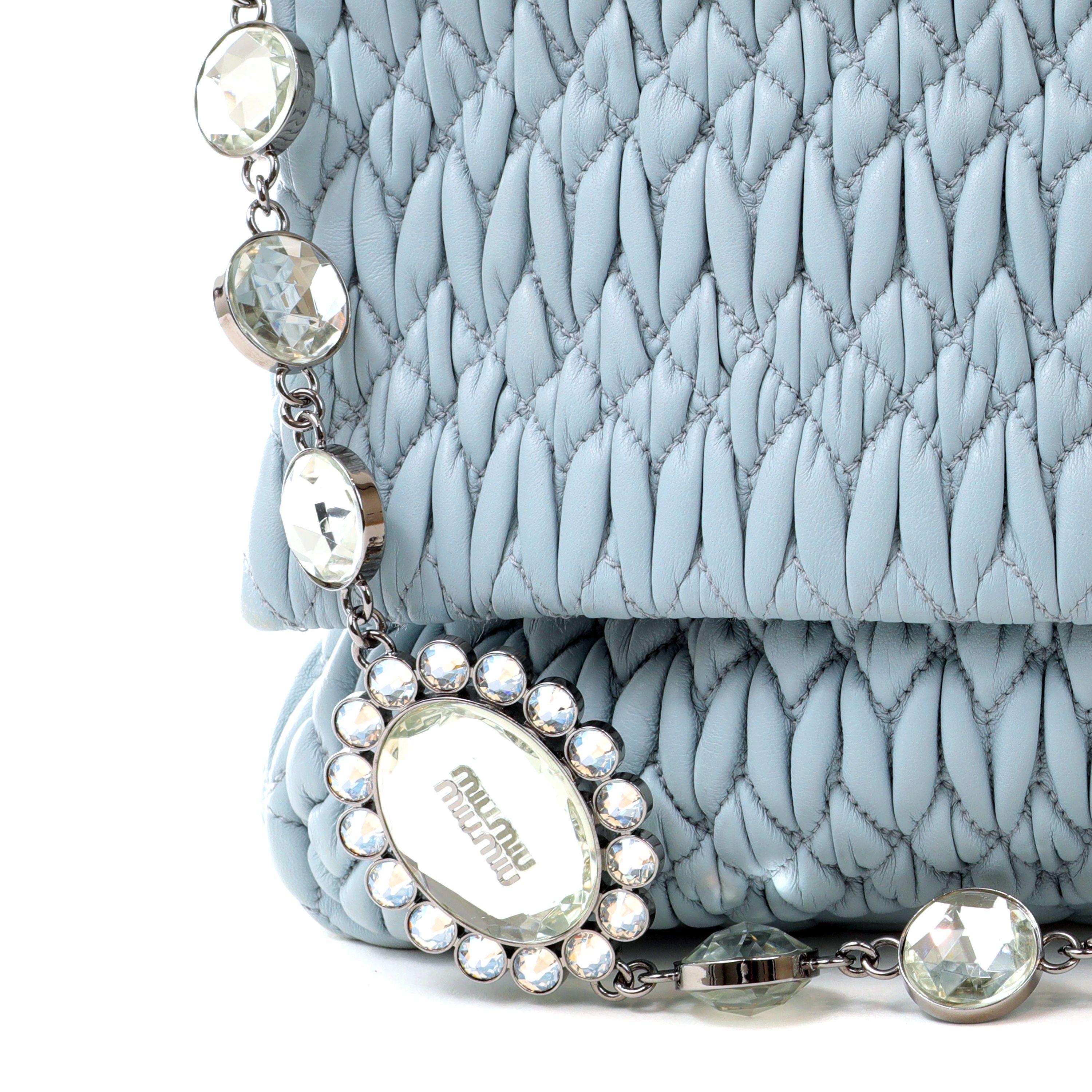 Miu Miu Dusty Blue Iconic Crystal Cloquè Large Bag with Silver Hardware In Excellent Condition For Sale In Palm Beach, FL