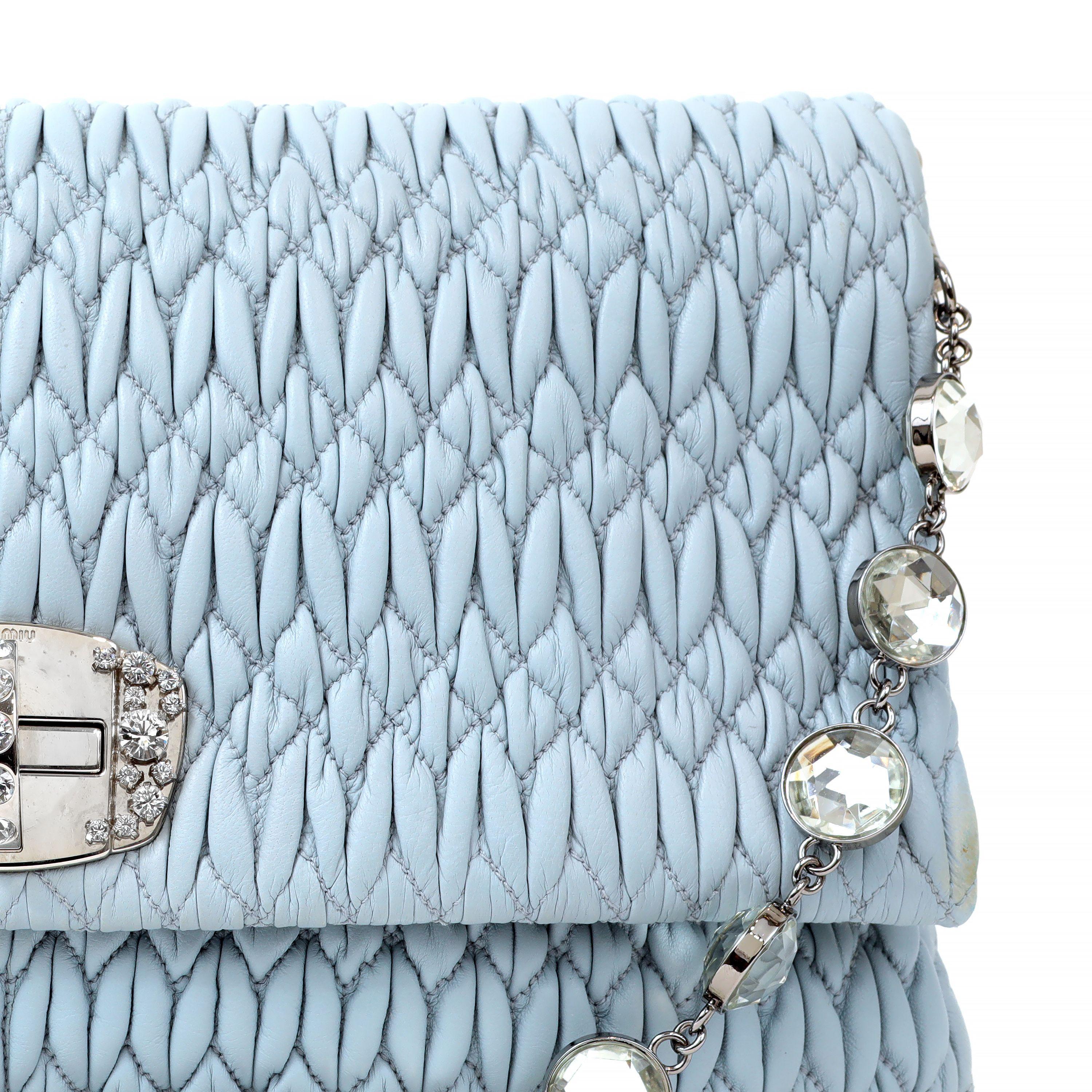 Women's Miu Miu Dusty Blue Iconic Crystal Cloquè Large Bag with Silver Hardware For Sale