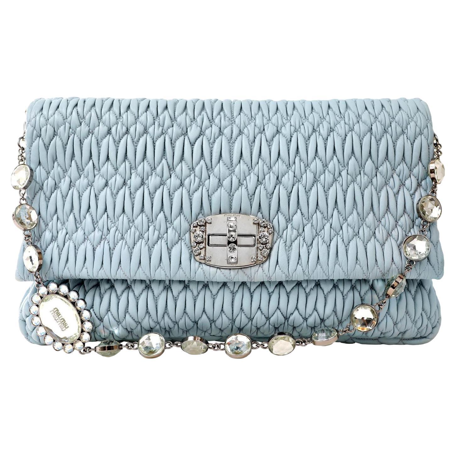 Miu Miu Dusty Blue Iconic Crystal Cloquè Large Bag with Silver Hardware For Sale