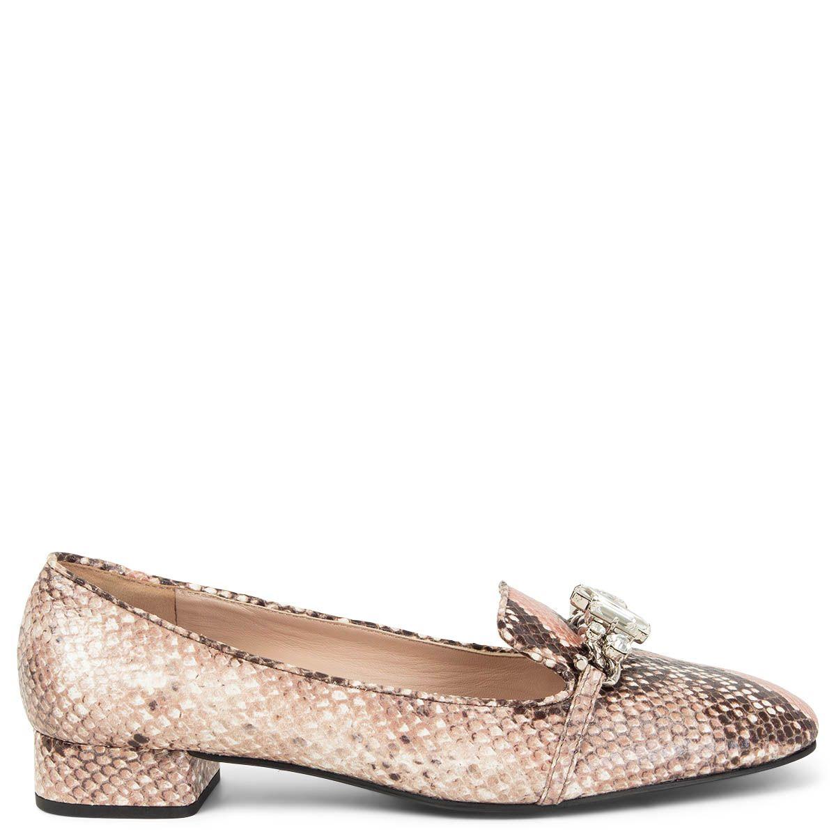 MIU MIU dusty pink CRYSTAL EMBELLISHED FAUX PYTHON Loafers Shoes 39.5 For Sale