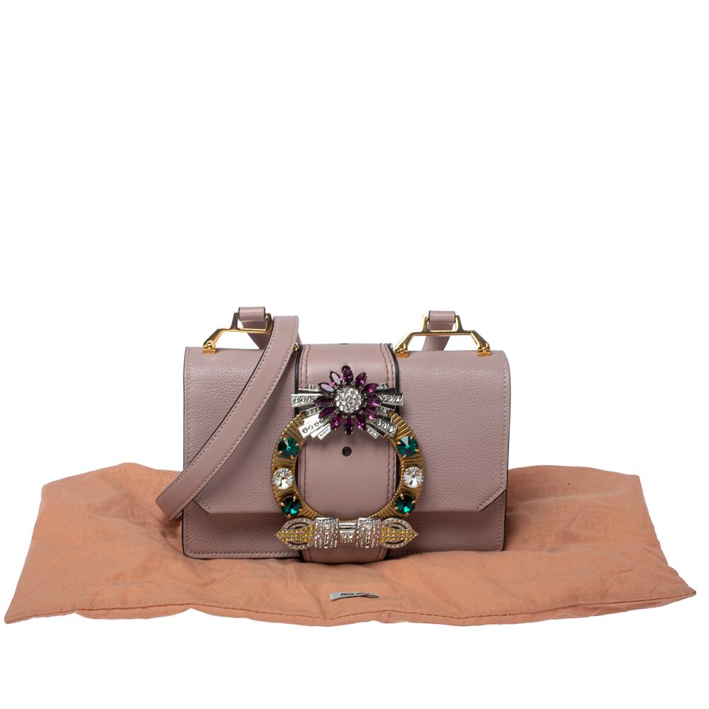 Miu Miu Dusty Pink Madras Leather Crystal Embellished Buckle Flap Shoulder Bag 7