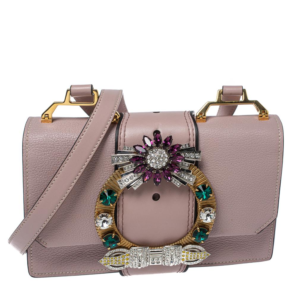 Gray Miu Miu Dusty Pink Madras Leather Crystal Embellished Buckle Flap Shoulder Bag