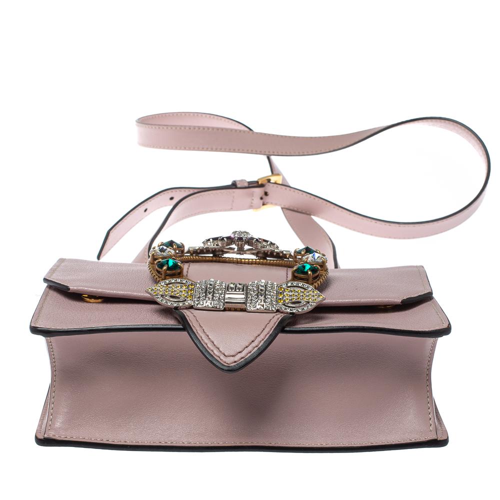 Miu Miu Dusty Pink Madras Leather Crystal Embellished Buckle Flap Shoulder Bag In Good Condition In Dubai, Al Qouz 2