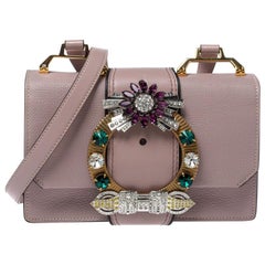 Miu Miu Dusty Pink Madras Leather Crystal Embellished Buckle Flap Shoulder Bag