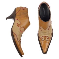Miu Miu Early 2000s Tan Leather Cowboy Ankle Boots with Contrast Stitching EU 38