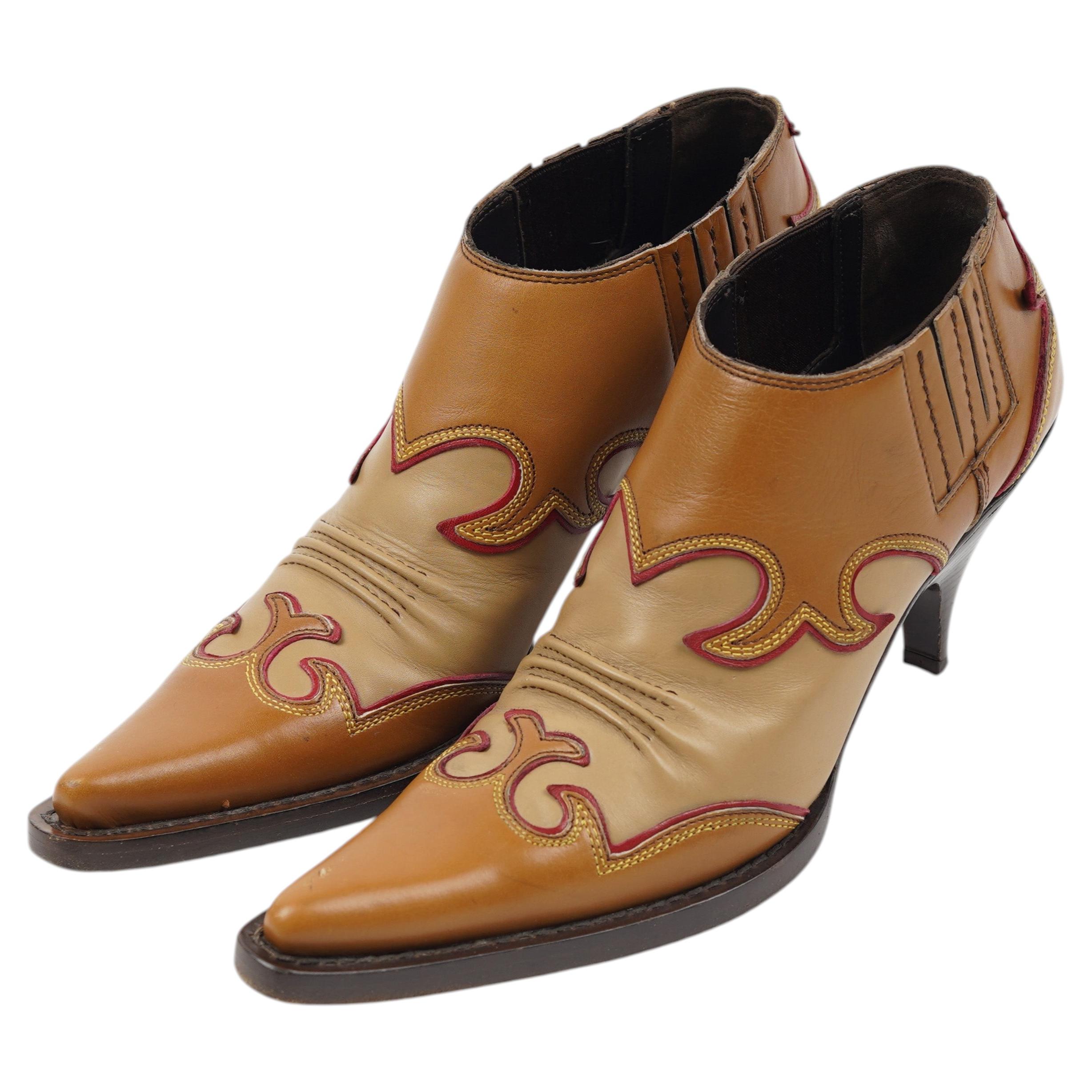 Miu Miu Early 2000s Tan Leather Cowboy Ankle Boots with Contrast Stitching EU 38