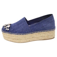 Miu Miu EU 37 Platform Denim Printed Crystal Embellishments Espadrilles 