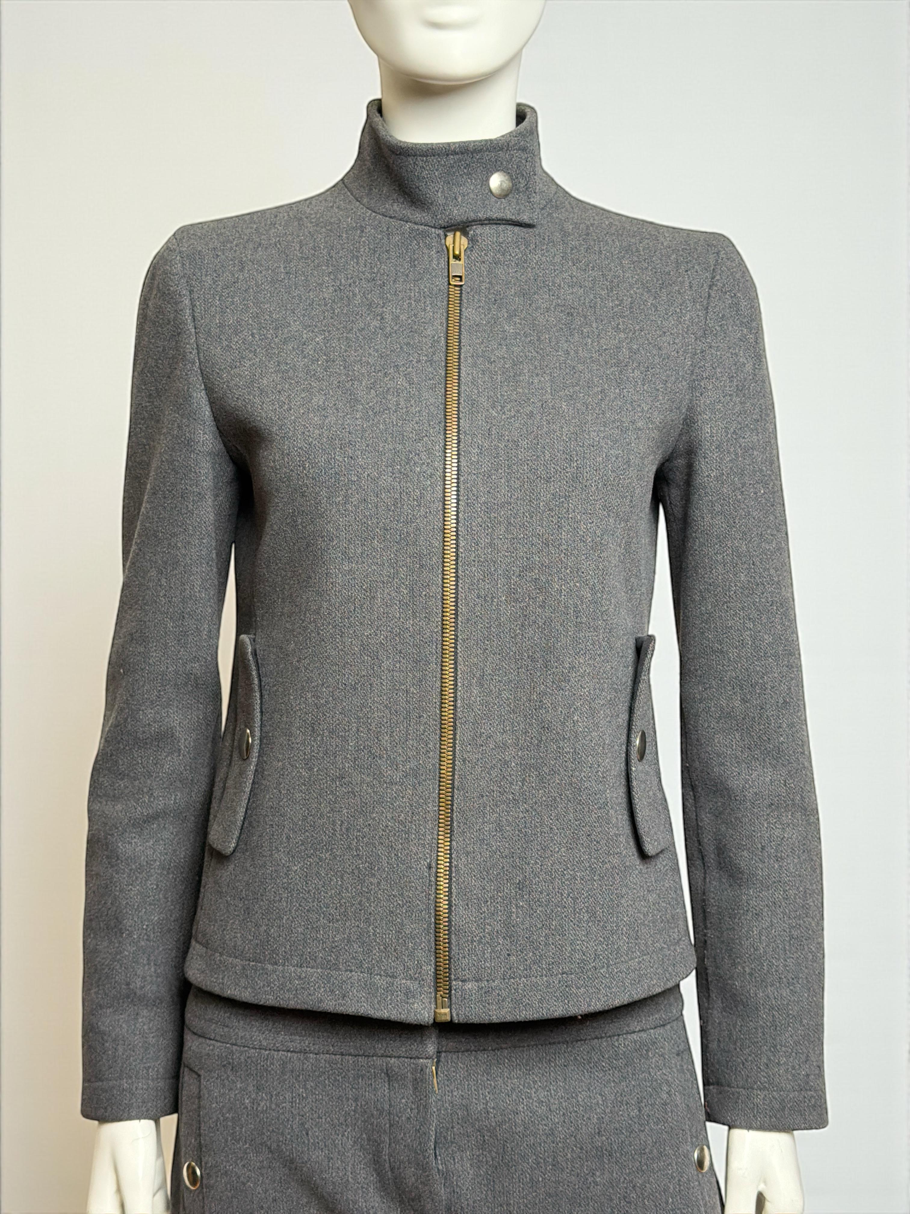 Gray Miu Miu F/W 1999 Grey Wool Tailored Zip Jacket and Skirt Ensemble For Sale