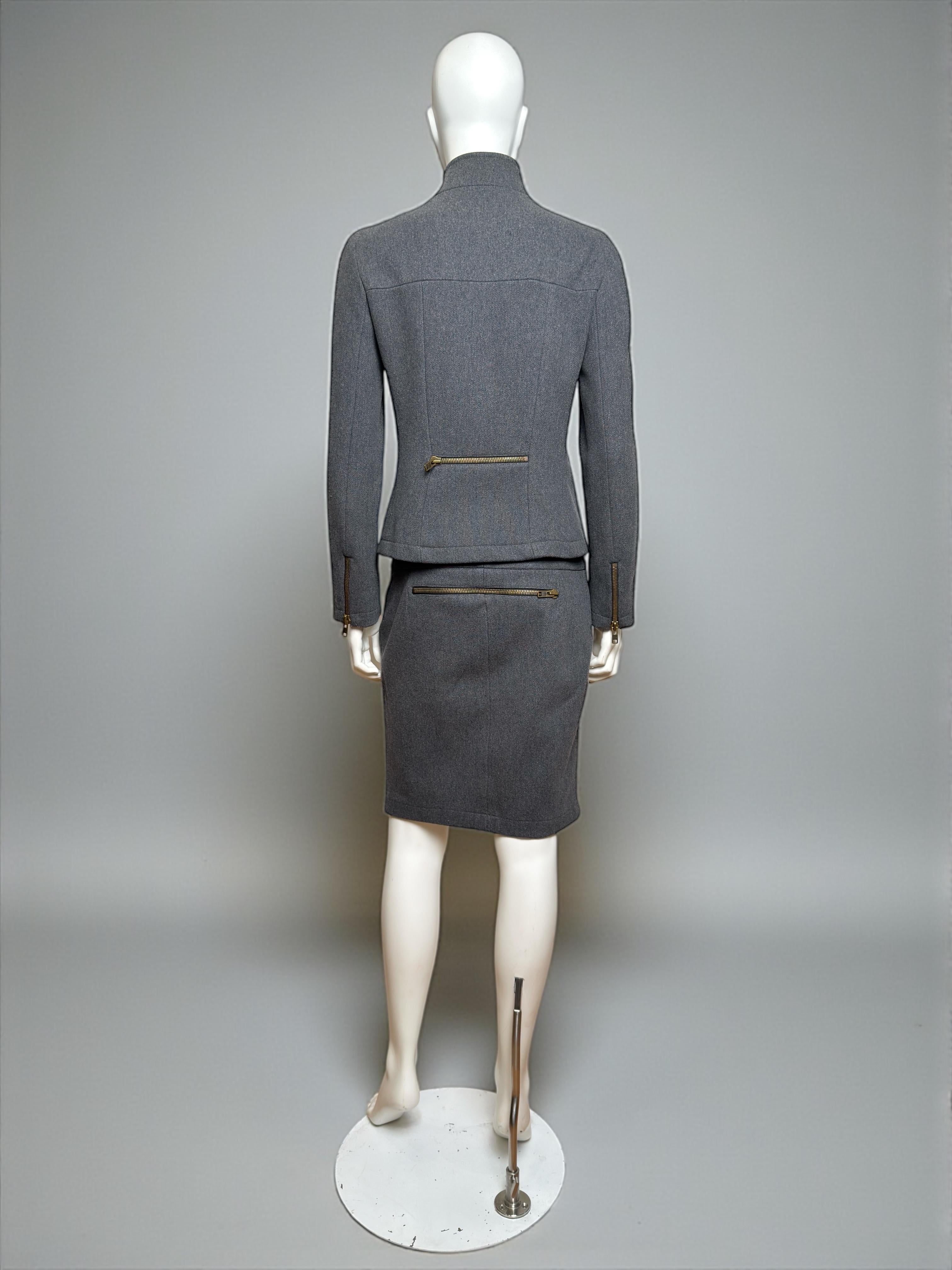 Miu Miu F/W 1999 Grey Wool Tailored Zip Jacket and Skirt Ensemble For Sale 1