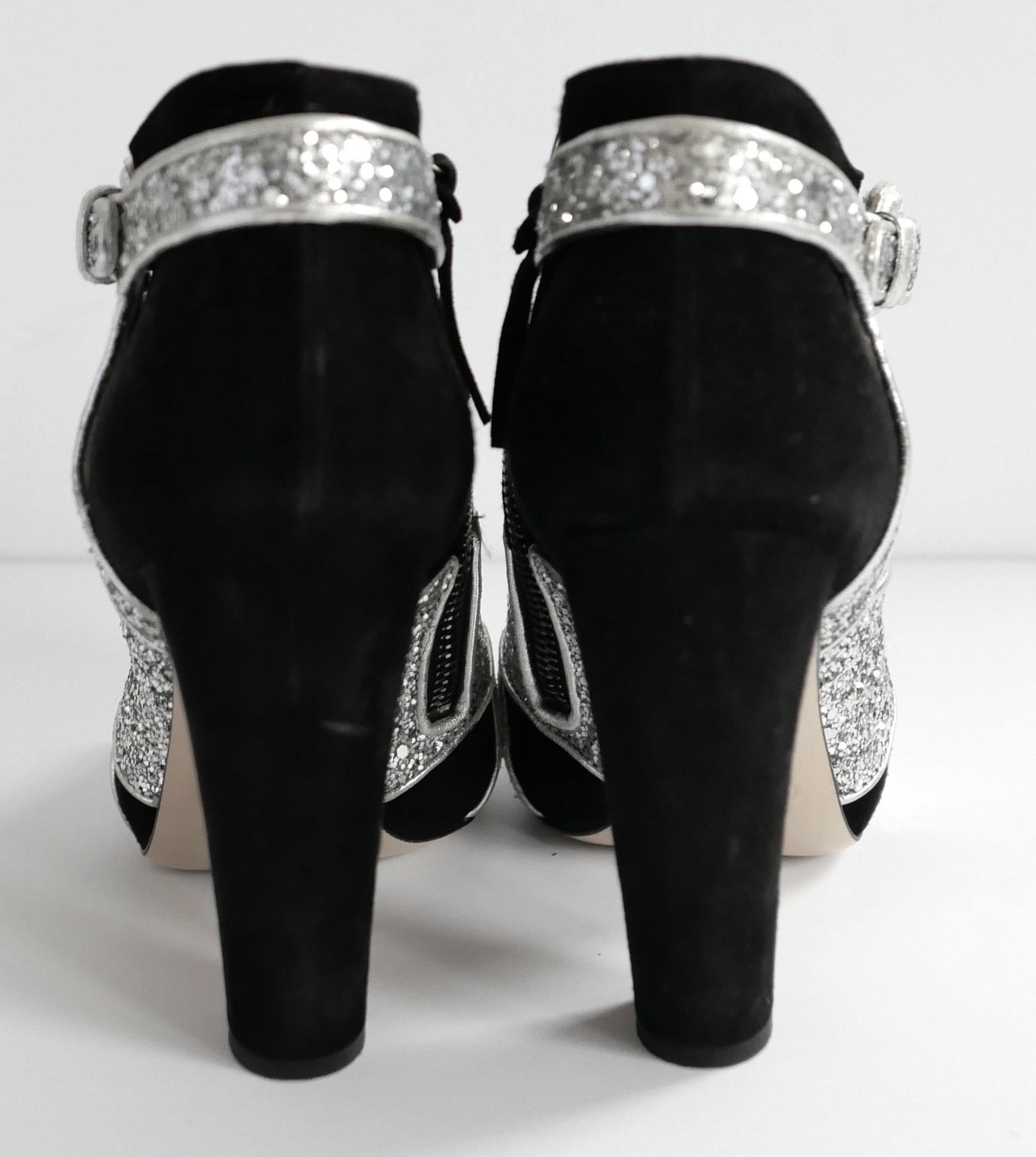 Miu Miu Herbst 2011 Glitzer & Wildleder Gebogener Absatz Stiefelette Booties im Zustand „Gut“ im Angebot in London, GB