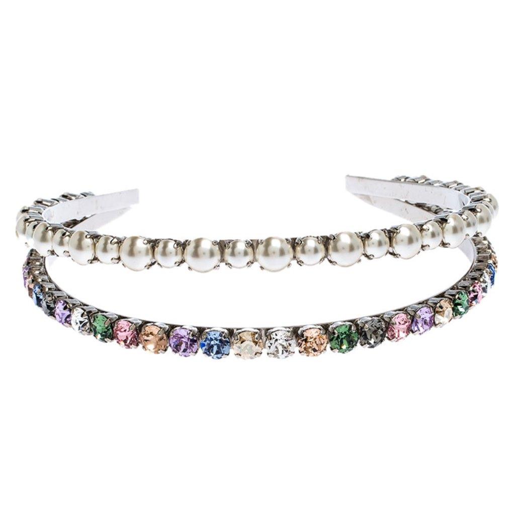 Miu Miu Faux Pearl and Crystal Embellished Silver Tone Head Band In Good Condition In Dubai, Al Qouz 2